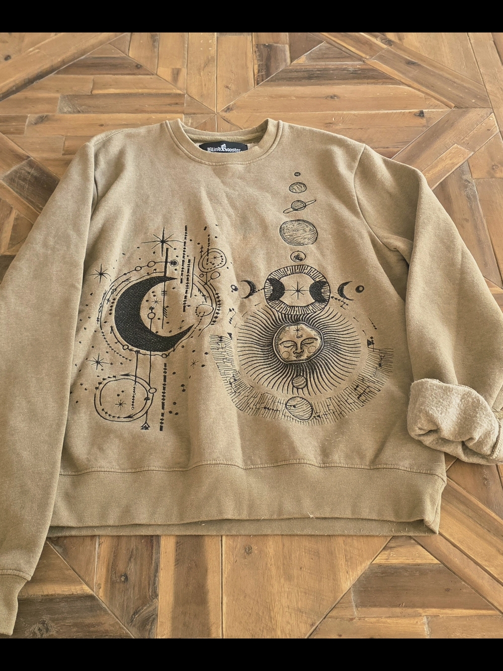Sun & Moon Blind Rooster Embroidered Crewneck Sweater, Olive Green Small